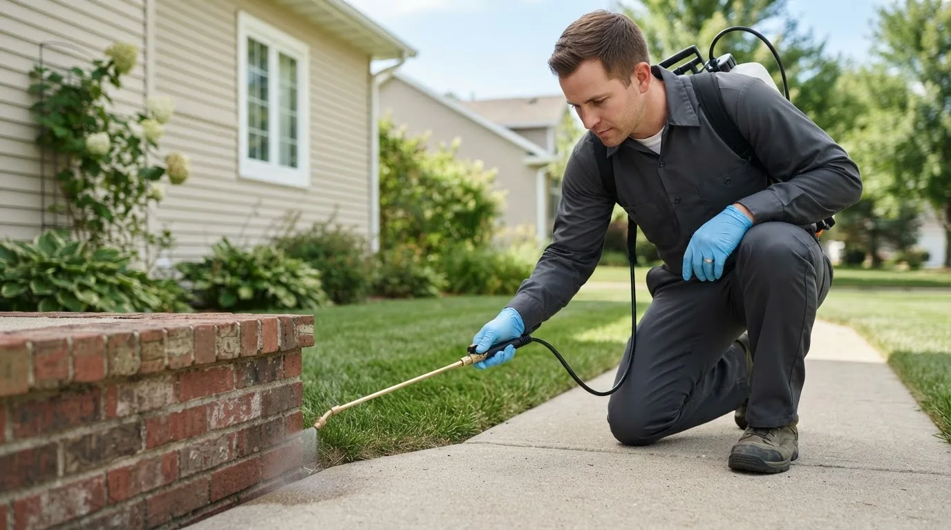 Pest control technician treating a home near Alba, MI