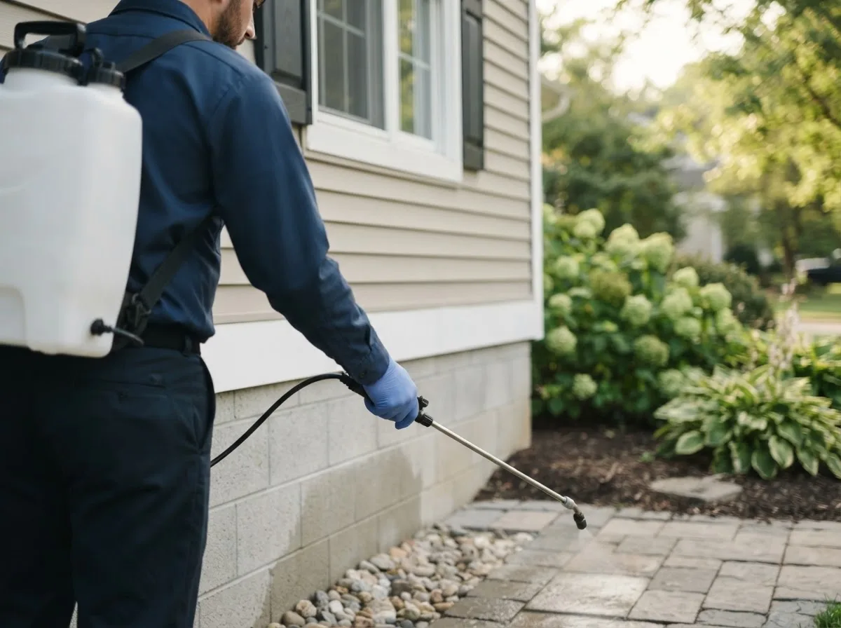 Pest control technician inspecting a home in Alba, MI